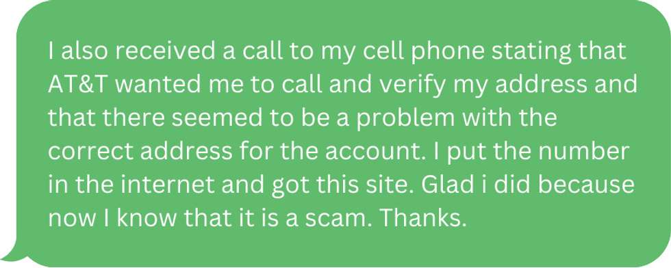 AT&T asking for a user to call back and verify personal information