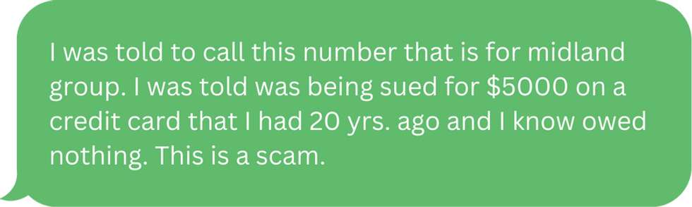 Text bubble explaining a scam where they are being sued for $5000